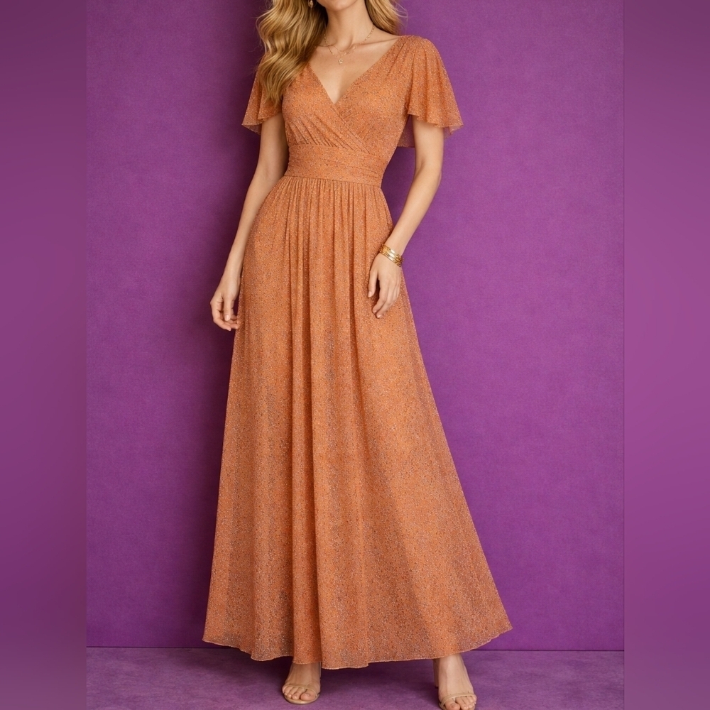 ALEXA B Chiffon Flutter Sleeve V-neck Metallic Maxi Dress